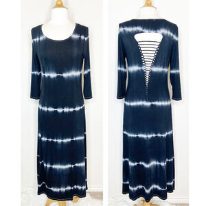 Basil and Lola Black and White Tie Dye Striped Shredded Macrame Back Dress Sz M